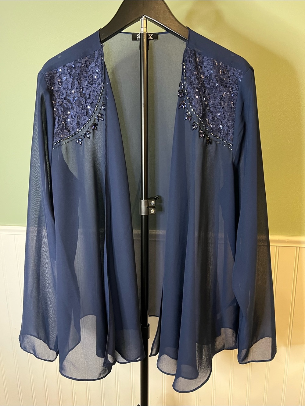 SLNY Navy Sheer Beaded Lace Open Front Dressy Jacket. Size 16